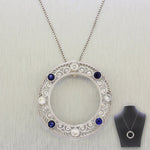 Art Deco Diamond & Sapphire Circle Pendant - Platinum & 14k Gold - Necklace 22"