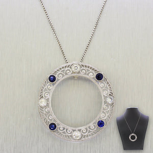 Art Deco Diamond & Sapphire Circle Pendant - Platinum & 14k Gold - Necklace 22"