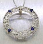 Art Deco Diamond & Sapphire Circle Pendant - Platinum & 14k Gold - Necklace 22"