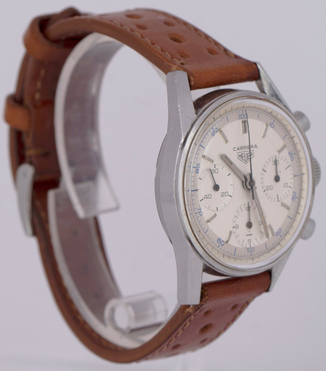 UNPOLISHED 1960's Heuer Carrera White Chronograph 2447D 35.5mm Steel W