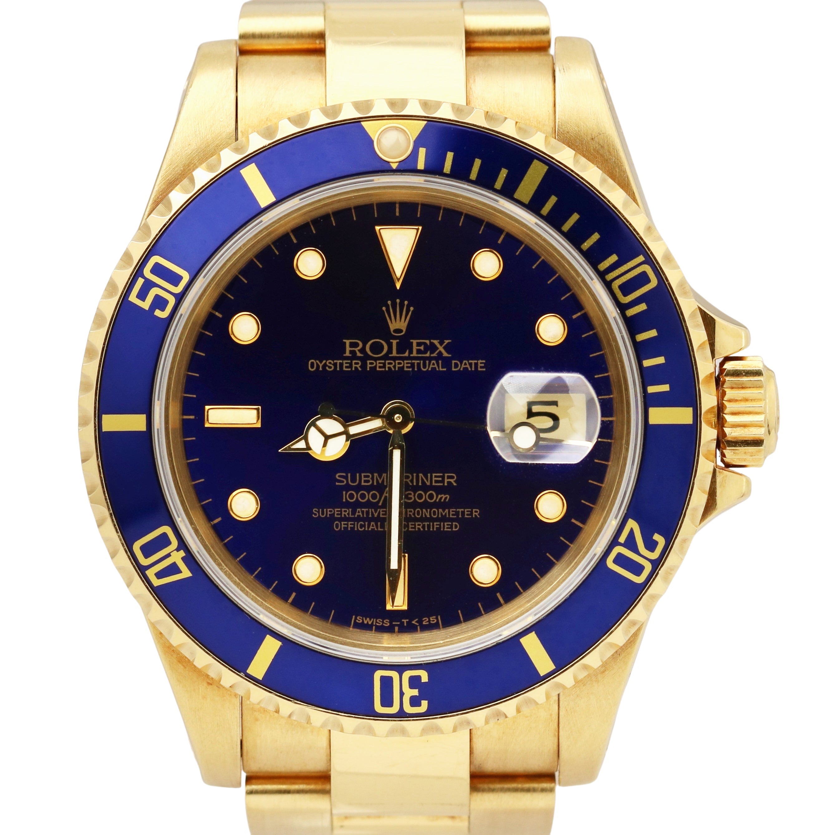 Rolex Submariner Date 18K Yellow Gold BLUE 40mm Automatic Dive 16618 Watch