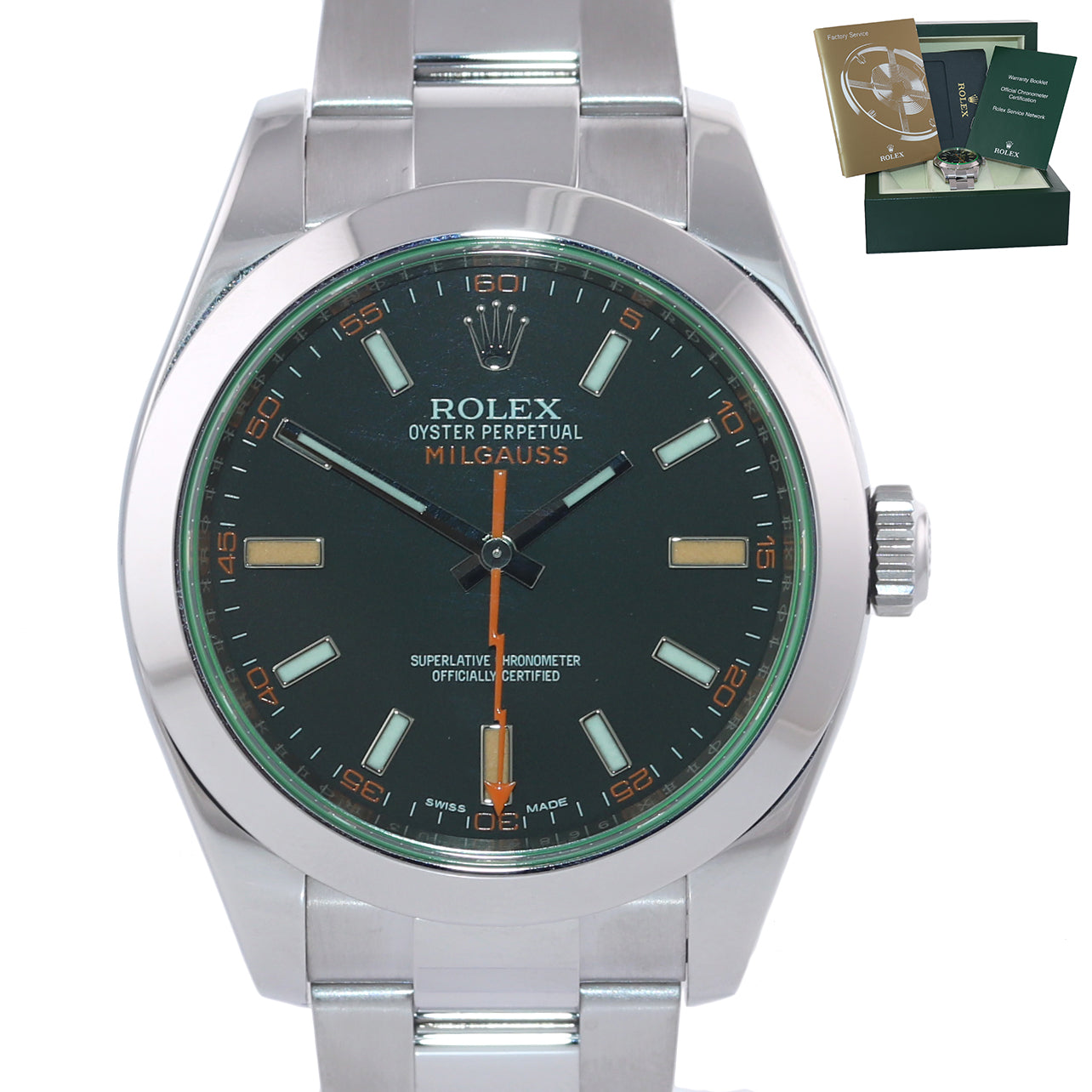 MINT Rolex Milgauss Green Anniversary Orange Black 116400 GV Steel Watch Box