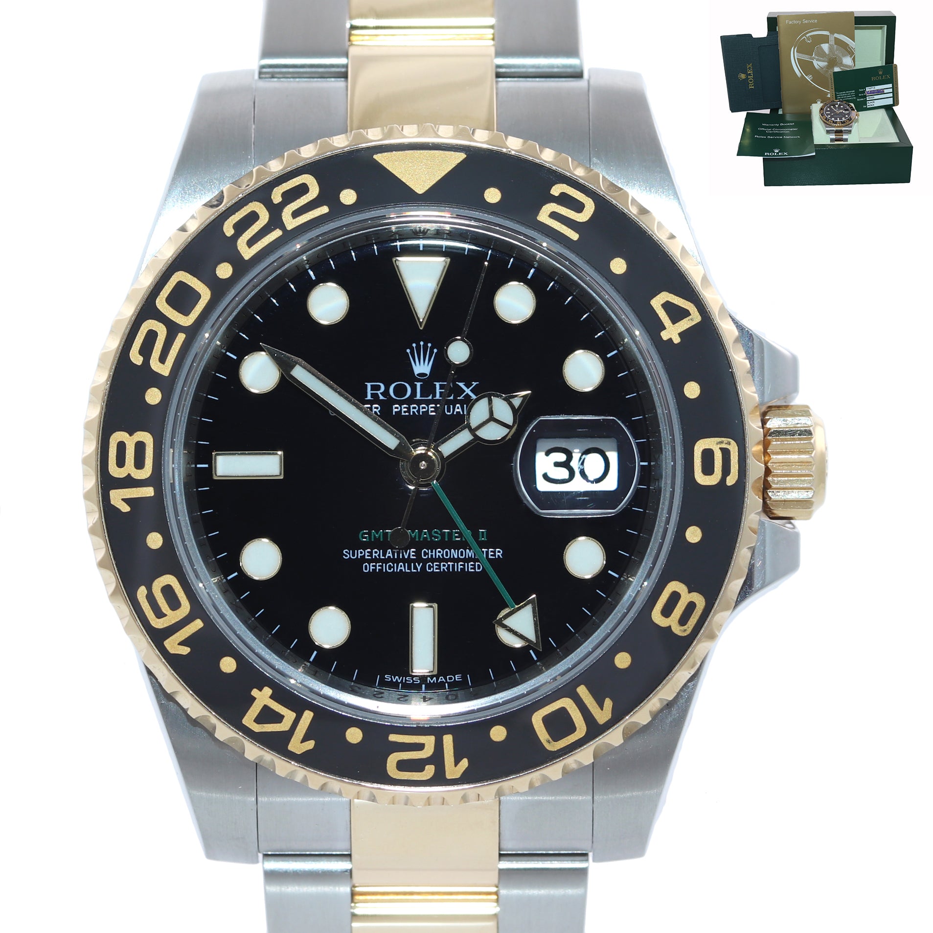 2011 PAPERS Rolex GMT-Master 2 Ceramic 116713 Black Two Tone Steel Gold Watch