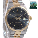 Rolex DateJust 16013 Two Tone 18k Gold Steel Jubilee Black Stick Watch Box