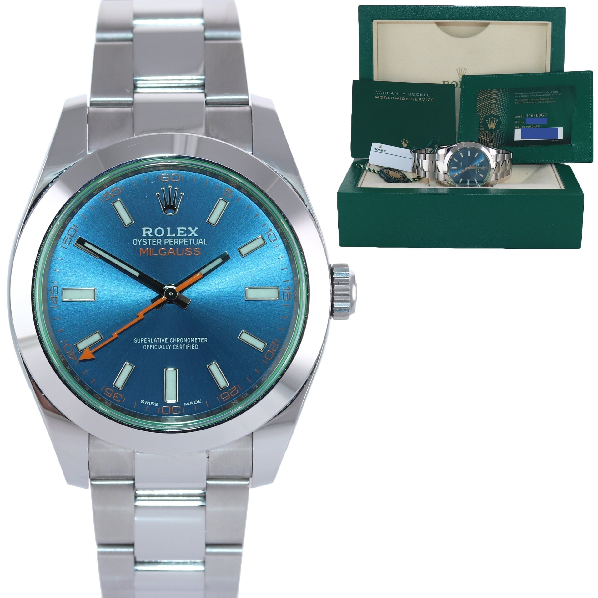 Copy of 2020 Papers Rolex Milgauss Blue Anniversary Green 116400GV Steel 40mm Watch Box