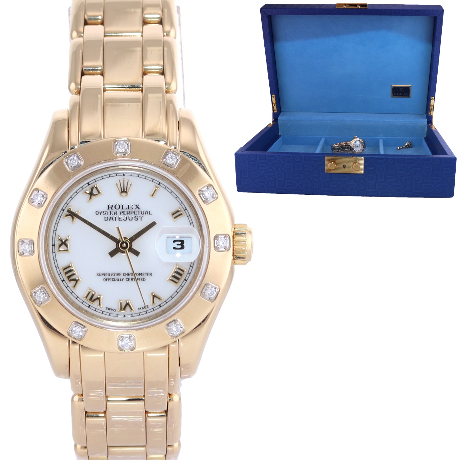 Ladies Rolex DateJust Pearlmaster 80318 29mm 18k Gold White Roman Diamond Watch