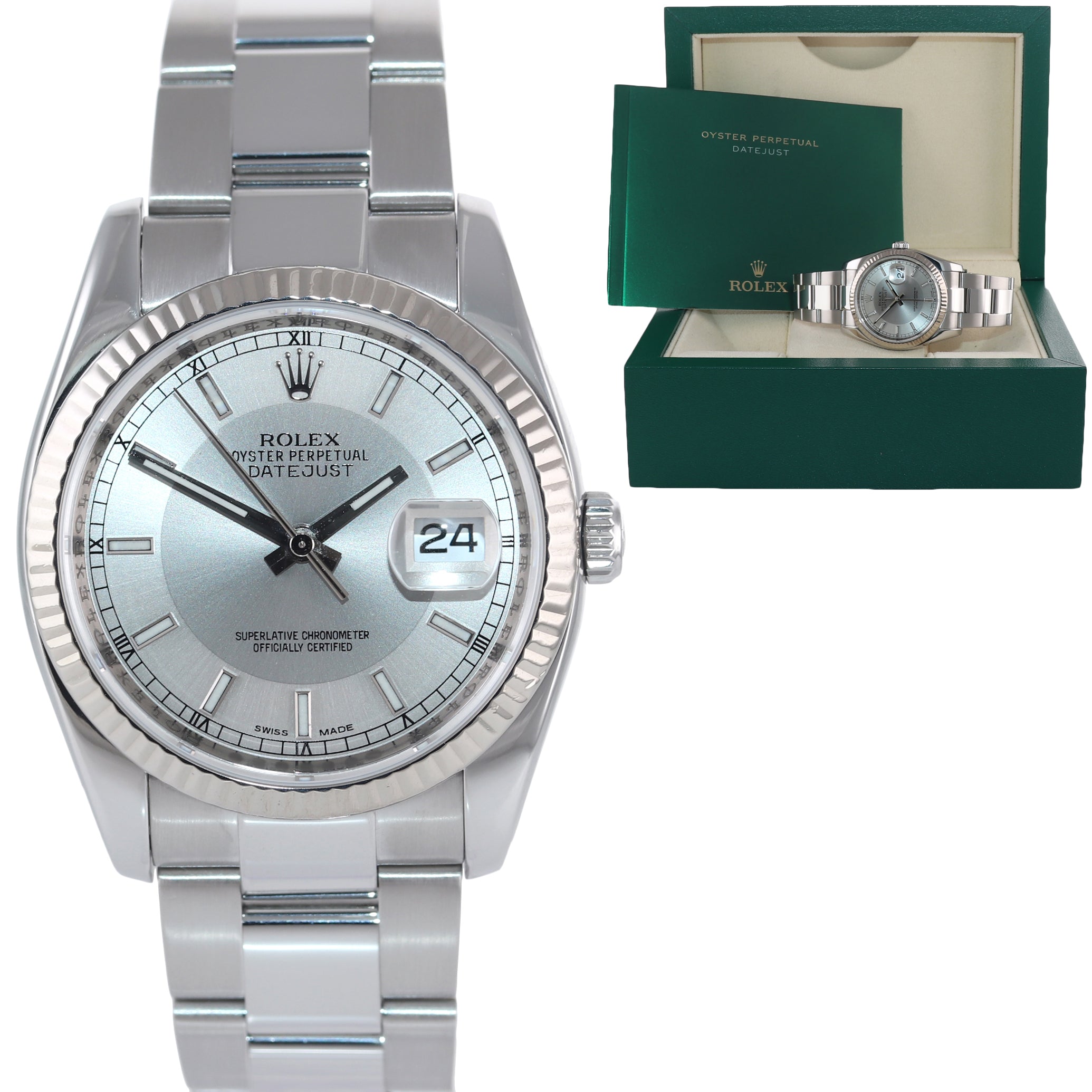 Rolex DateJust Steel Silver Tuxedo Dial 116234 36mm Oyster Watch Box