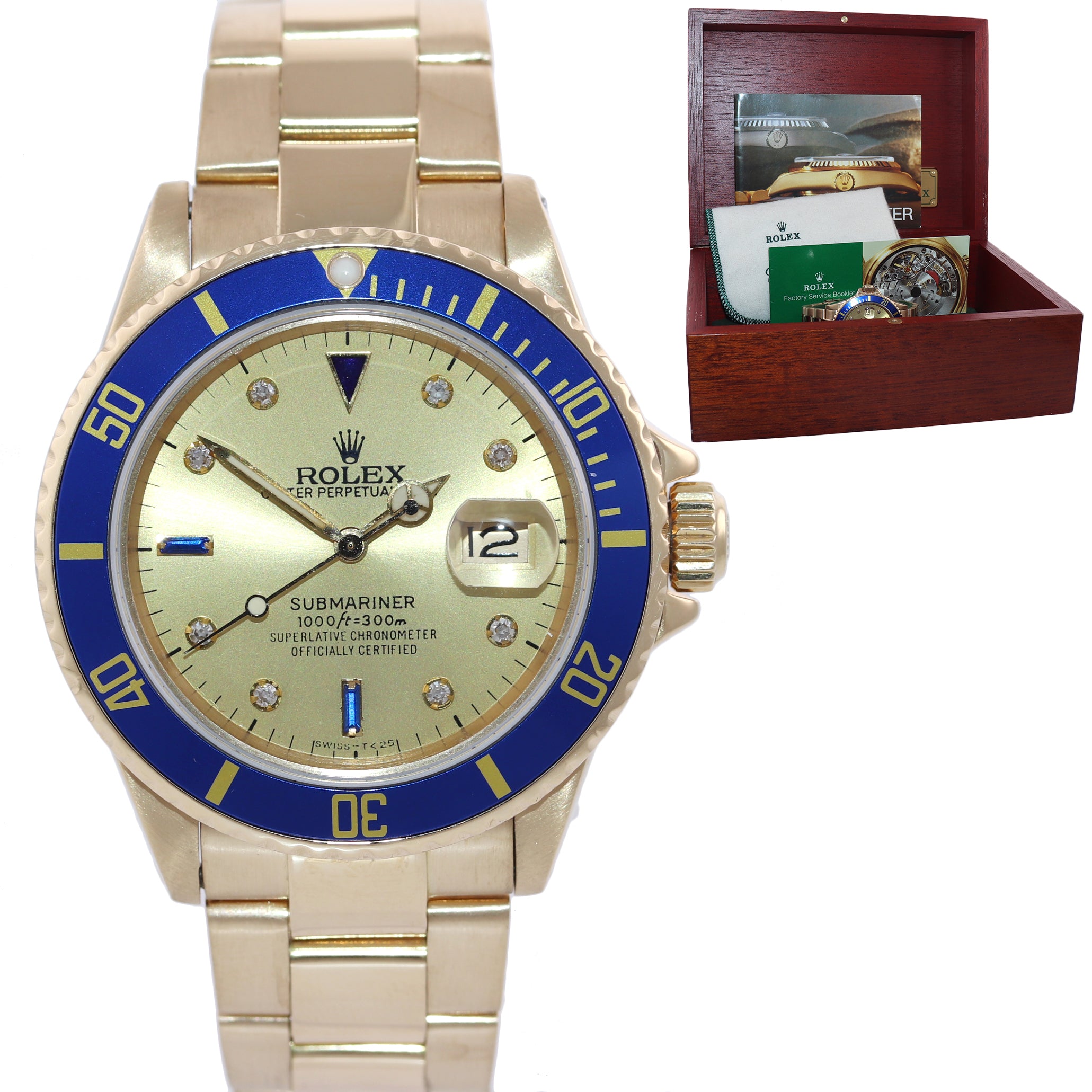 Rolex Submariner Blue 16808 18k Yellow Gold 40mm Champagne Diamond Watch Box