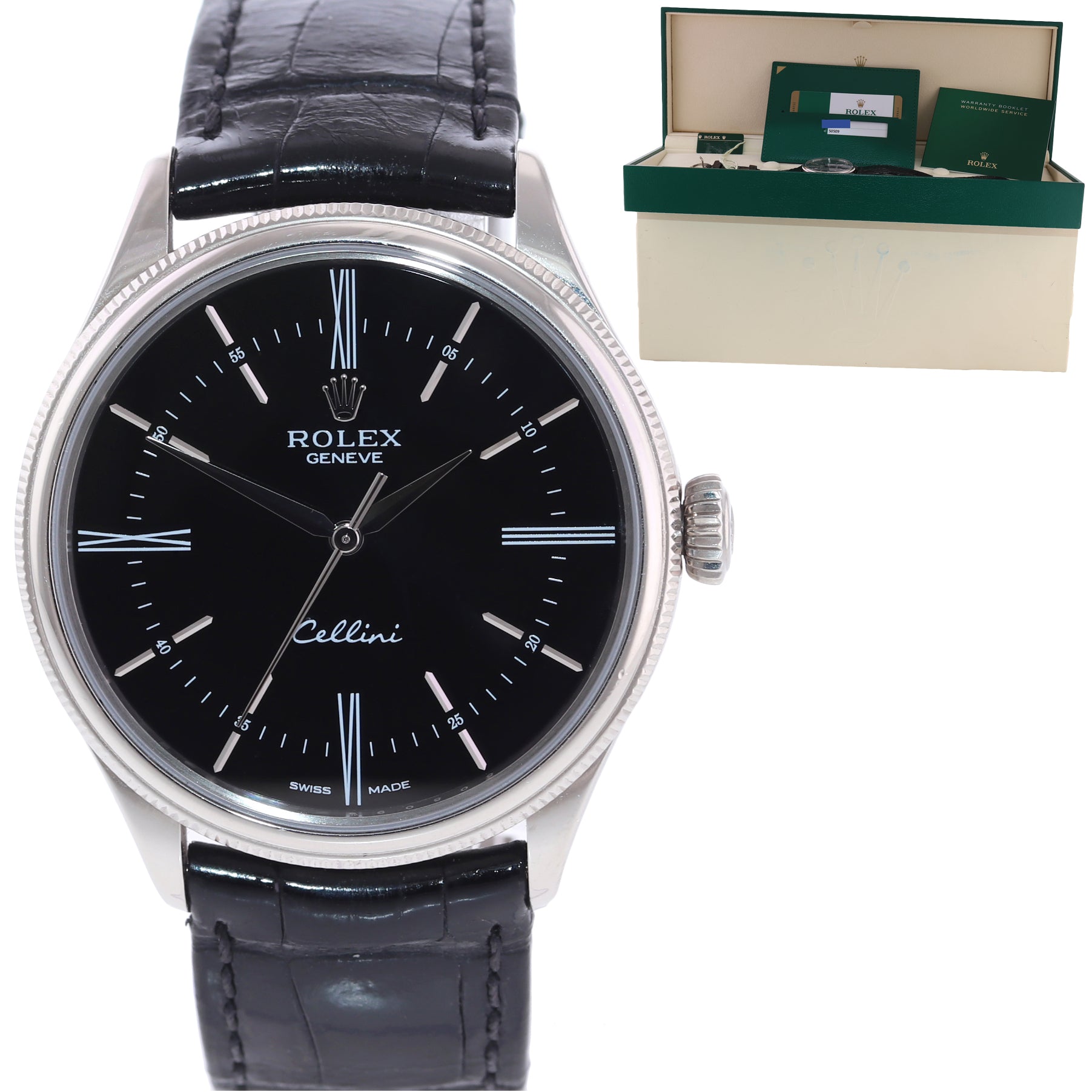 PAPERS Rolex Cellini 39mm White Gold Black Dial 50509 Watch Box