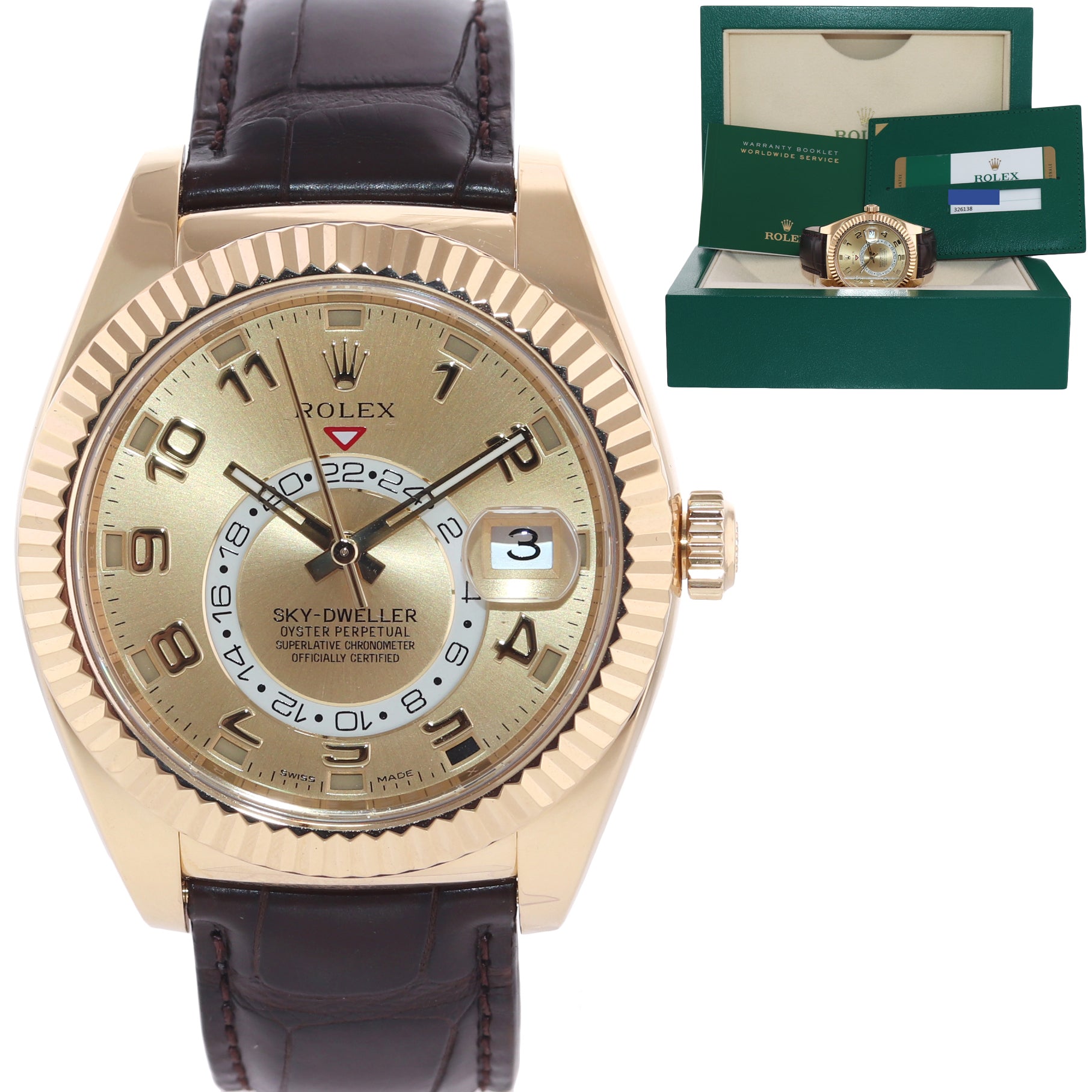 2018 BOX PAPERS Rolex Sky Dweller 18K Gold 326138 42mm Champagne Leath