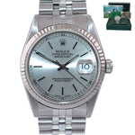 PAPERS Rolex DateJust 36mm 16234 Steel Silver Stick Jubilee 18k Fluted Watch