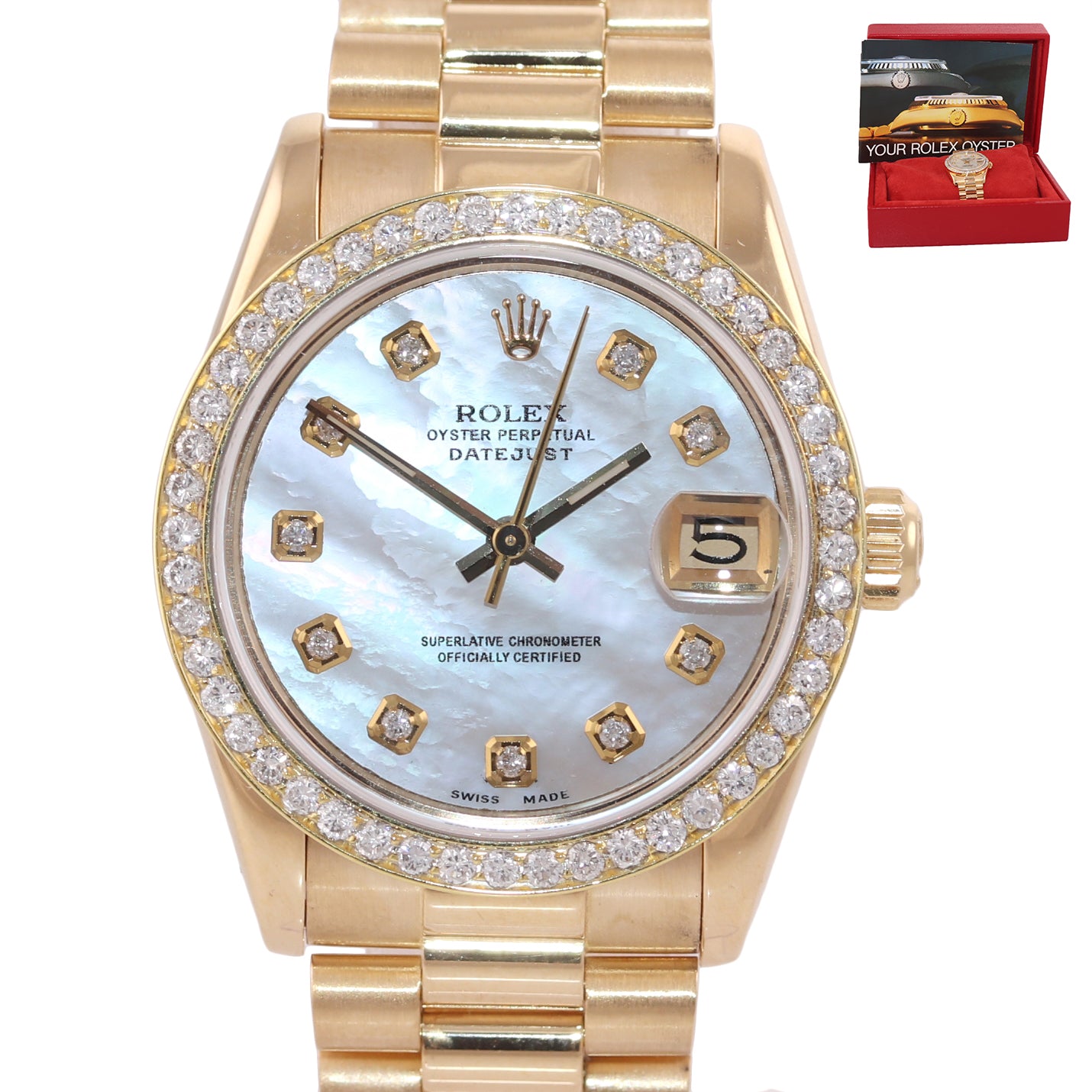 DIAMOND BEZEL Rolex President 68278 Midsize 31mm 18k Gold MOP Diamond Watch