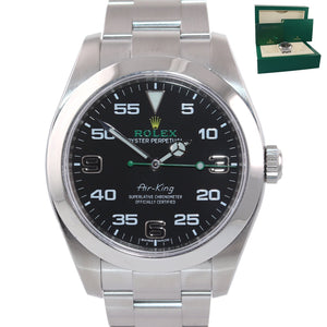 MINT 2021 Rolex Air King 116900 Black Arabic Dial 40mm Steel Green Watch Box