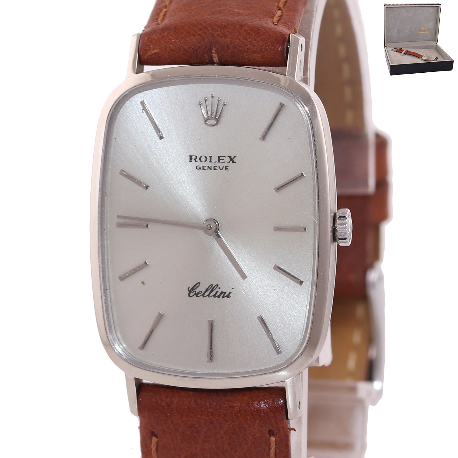 Rolex Cellini Cellini 4113 rectangular 18k White Gold Silver Dial Leather Watch