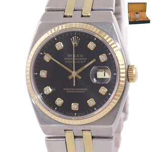 Rolex OysterQuartz DateJust 17013 Two-Tone Gold Steel Black Diamond Watch Box