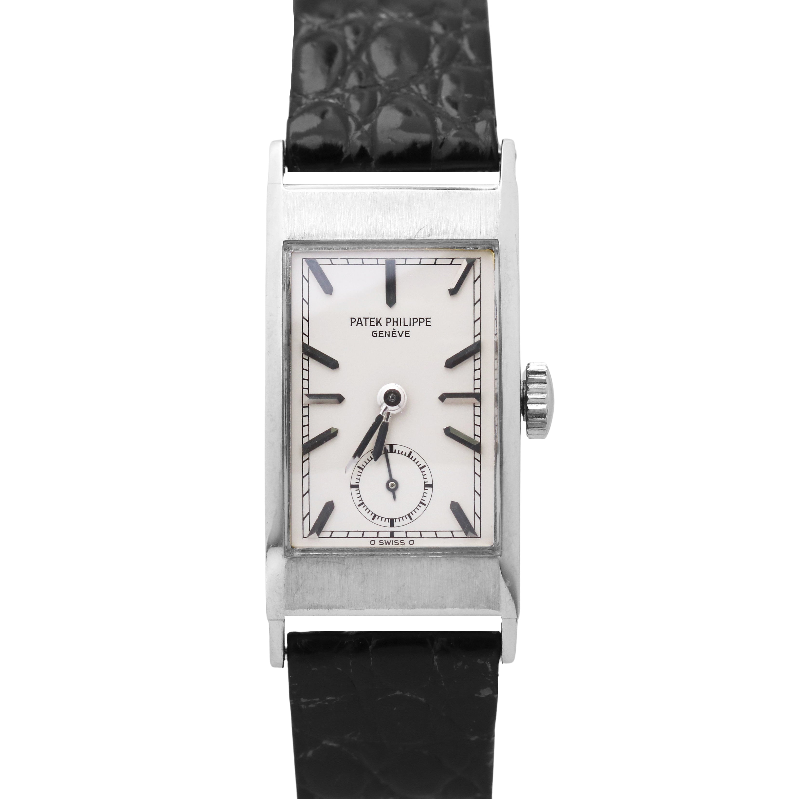 VINTAGE Patek Philippe Tegolino 425 PLATINUM Rectangle Silver Leather Watch