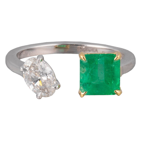 GIA Columbian Emerald & Oval Diamond in Platinum & 18k Gold Ring 2.23tcw