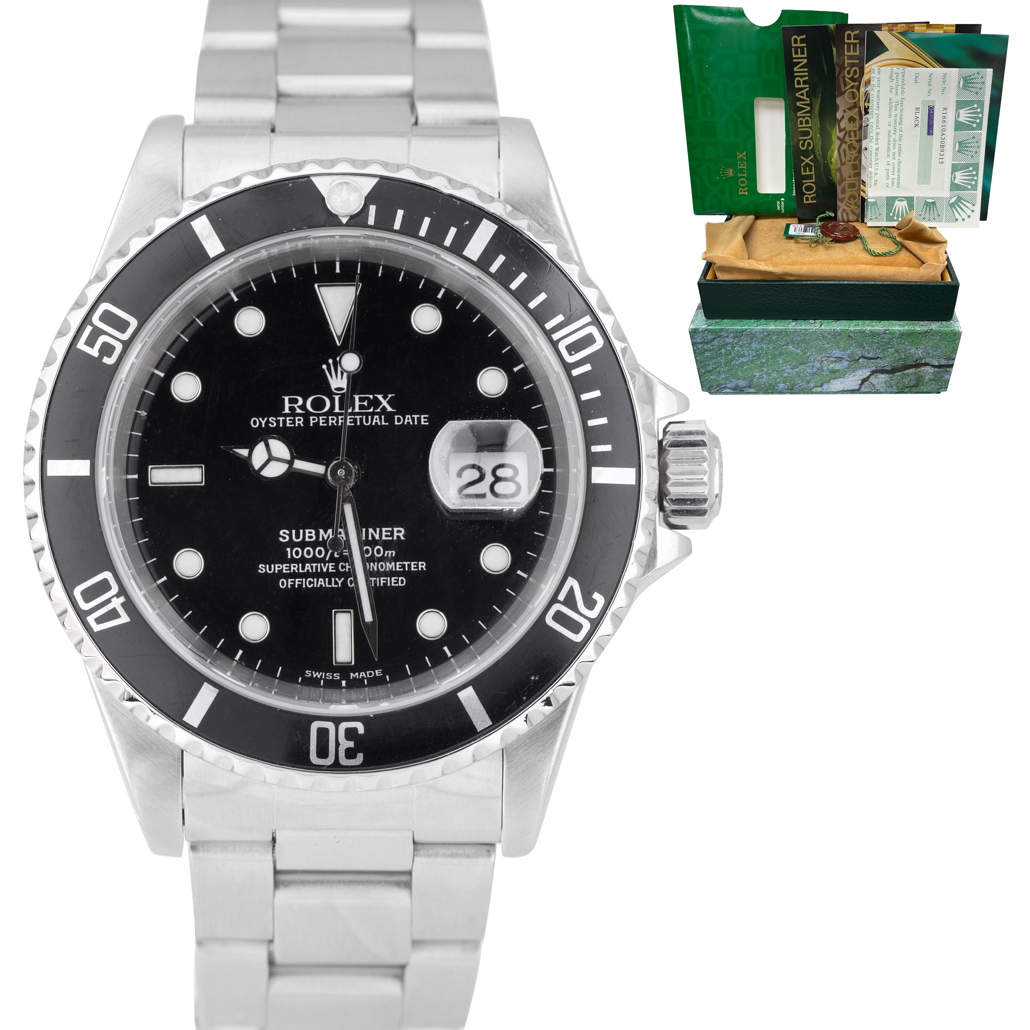 2000 Men's Rolex Submariner Date 16610 40mm Black A Stainless Steel Dive Watch